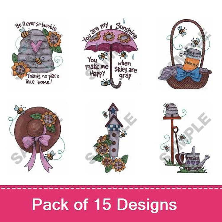 Spring Bee-Themed Embroidery Bundle – Bee Hive, Umbrella, Basket, Hat & More (15 Designs)