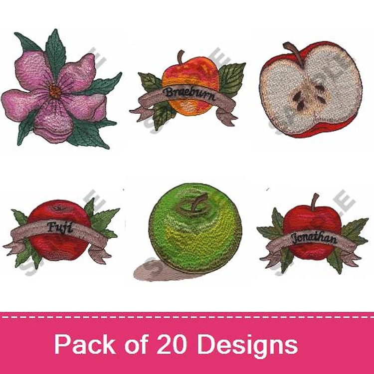 Fruit & Floral Embroidery Designs Bundle – Apple with Banner, Pink Flower, Crisp Apple & More (20 Designs)