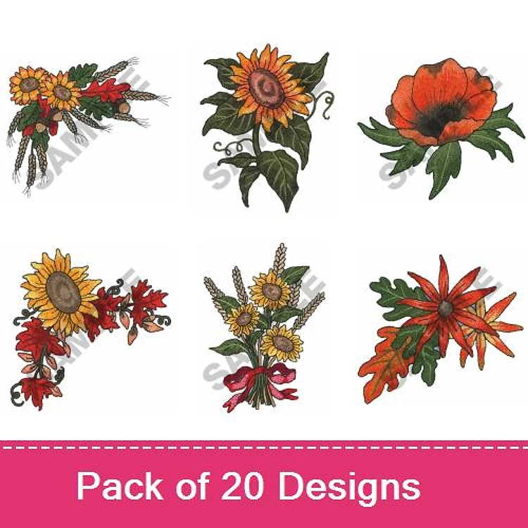 Floral Bouquets Embroidery Designs Bundle – Sunflower Bouquet, Autumn Floral Arrangement, Red Poppy & More (20 Designs)