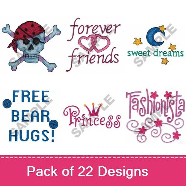 Children's Themes Embroidery Designs Bundle – Skull with Bandana, Forever Friends, Princess Crown & More (22 Designs)