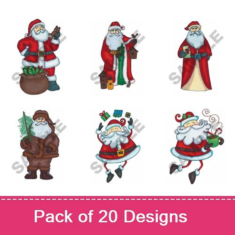 Santa Embroidery Designs Bundle – Santa with Bag, Santa with Gifts, Dancing Santa & More (20 Designs)