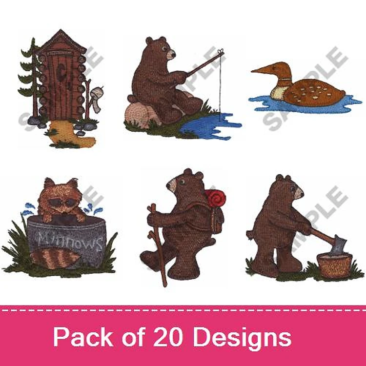 Forest Animals & Camping Embroidery Designs Bundle – Bear Fishing, Raccoon with Sign, Outhouse & More (20 Designs)