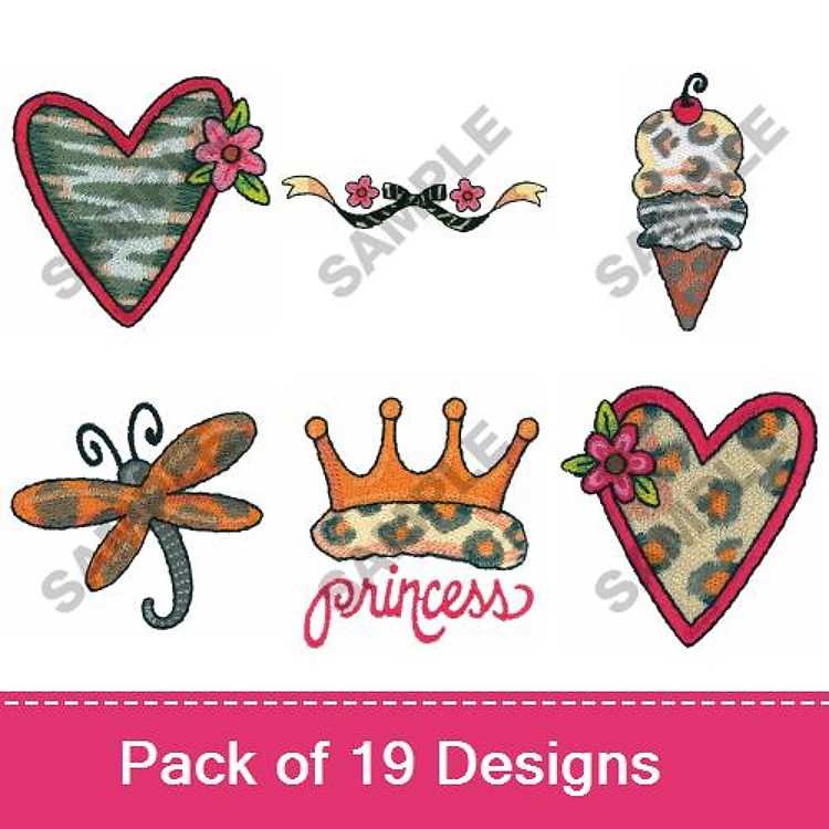 Applique Hearts & Fun Themes Embroidery Bundle – Zebra Heart, Ice Cream Cone, Crown with Flowers & More (19 Designs)