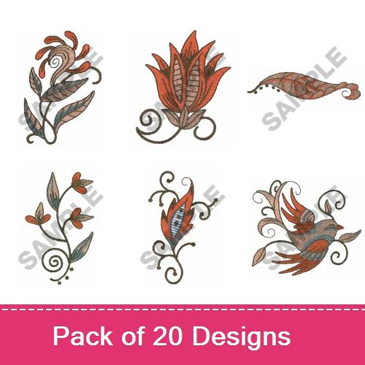 Floral Embroidery Designs Bundle – Stylized Flowers, Ornate Leaves & More (20 Designs)