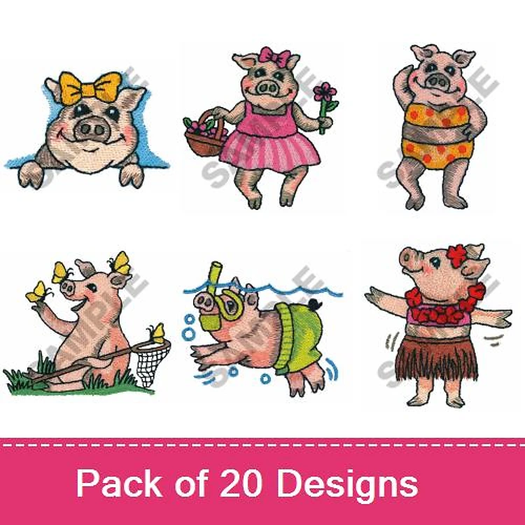 Farm Animal Embroidery Bundle – Pig with Bow, Pig in Pink Dress, Pig with Flower Basket & More (20 Designs)