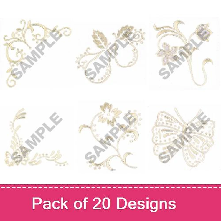 Floral and Decorative Elements Embroidery Designs Bundle – Floral Vine, Butterfly Design, Leaves with Swirls & More (20 Designs)