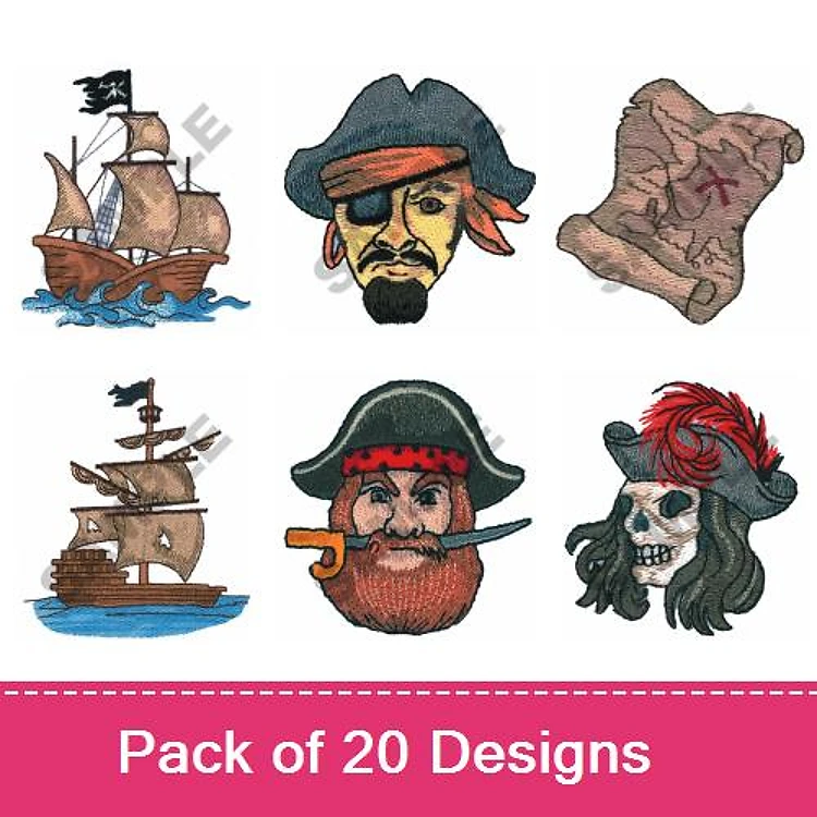 Pirate Theme Embroidery Designs Bundle – Pirate Ship, Pirate Captain, Treasure Map & More (20 Designs)