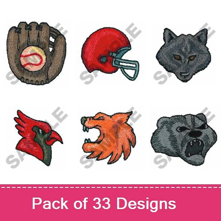 Sports Team Embroidery Bundle – Baseball, Football, & Animal Heads (33 Designs)