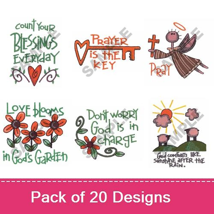 Inspirational Quotes Embroidery Designs Bundle – Count Your Blessings, Prayer is the Key, Love Blooms in God's Garden & More (20 Designs)