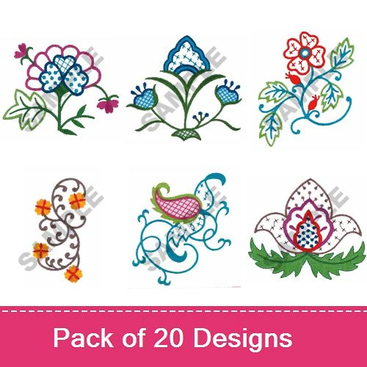 Floral Embroidery Designs Bundle – Flower with Blue Center, Colorful Flower with Leaves, Swirly Floral Pattern & More (20 Designs)