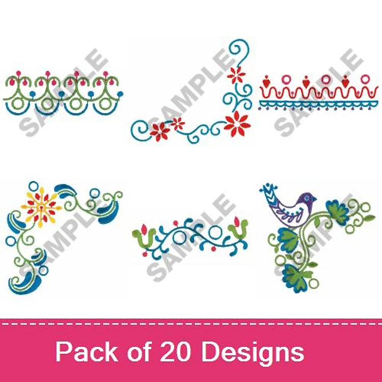 Floral and Decorative Borders Embroidery Designs Bundle – Floral Border with Curved Lines, Wave Pattern with Flowers, Bird with Floral Accents & More (20 Designs)