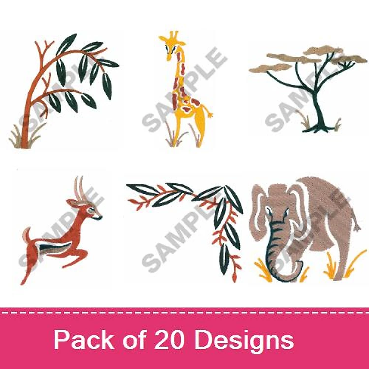 Safari Animals Embroidery Designs Bundle – Giraffe, Elephant, Antelope & More (20 Designs)