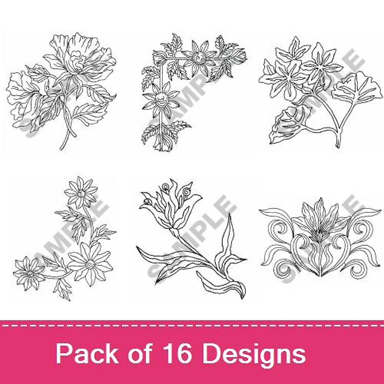 Redwork Floral Embroidery Designs Bundle – Flower Branch, Single Bloom, Floral Wreath & More (16 Designs)