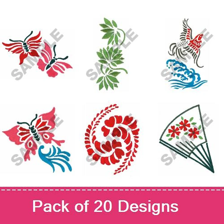 Floral and Butterfly Embroidery Designs Bundle – Red Butterfly, Green Leaf Cluster, Blue Water Wave & More (20 Designs)