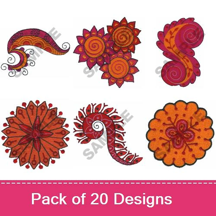 Floral & Abstract Embroidery Designs Bundle – Swirling Paisley, Floral Spiral, Ornate Swirl & More (20 Designs)