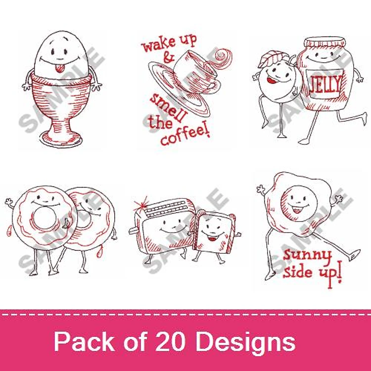 Redwork Breakfast Food Characters Embroidery Designs Bundle – Egg Cup Character, Fried Egg, Jelly Jar & More (20 Designs)
