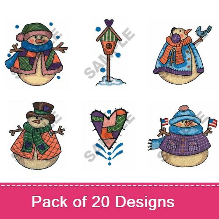 Winter Characters Embroidery Designs Bundle – Snowman with Scarf, Birdhouse, Heart with Patchwork & More (20 Designs)
