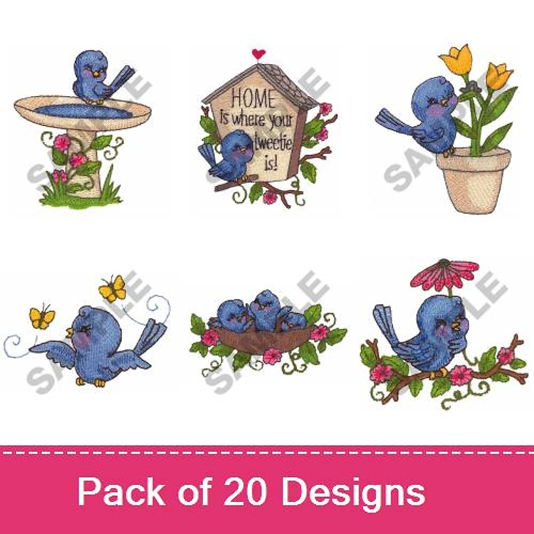 Bluebirds & Nature Embroidery Designs Bundle – Bluebird on Fountain, Bluebird with Home Sign, & More (20 Designs)