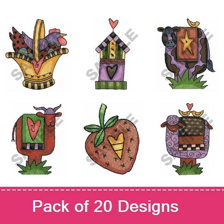 Farm-Themed Embroidery Designs Bundle – Bird House, Strawberry, Cow & More (20 Designs)