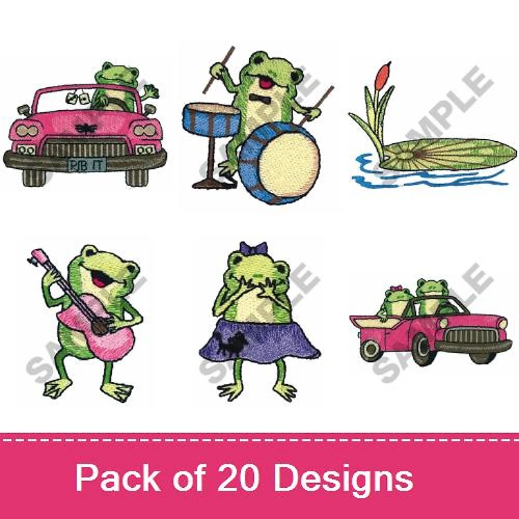 Frog Characters Embroidery Designs Bundle – Frog in Car, Frog Drummer, Frog with Guitar & More (20 Designs)