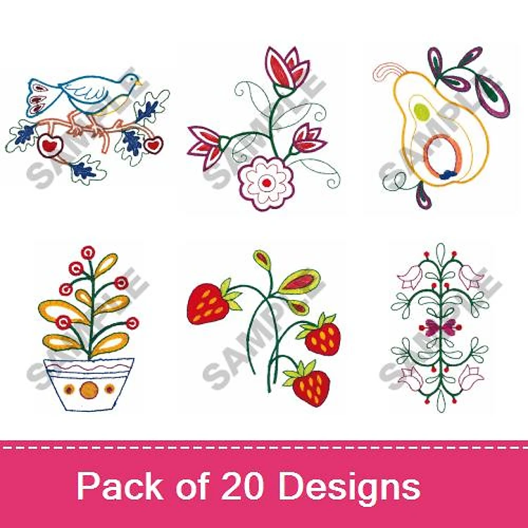 Floral and Botanical Embroidery Designs Bundle – Bird with Flowers, Fleur de Lis, Pear with Leaves & More (20 Designs)