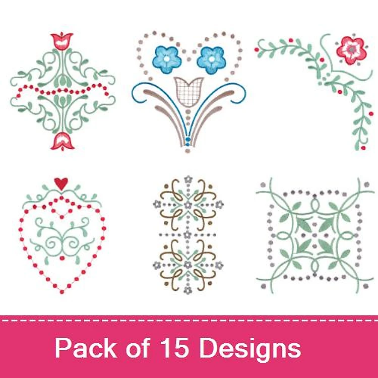 Redwork Ornate Floral Embroidery Bundle – Floral Heart, Intricate Floral Motif, Decorative Square Design & More (15 Designs)