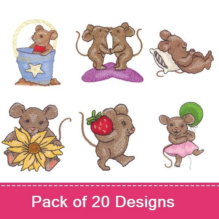 Playful Mice Embroidery Designs Bundle – Mouse in a Bucket, Kissing Mice, Laying Mouse & More (20 Designs)