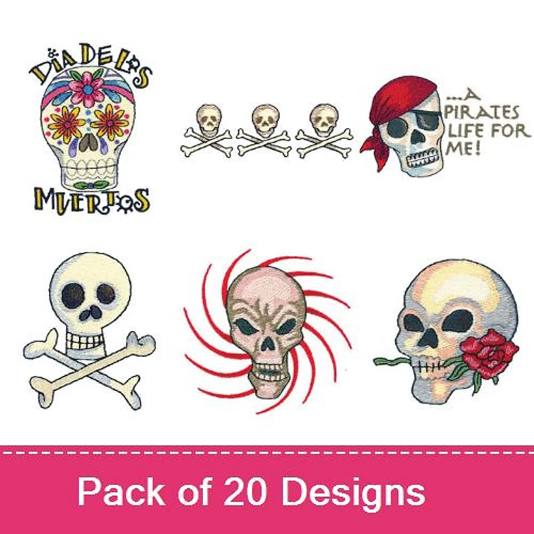 Skulls & Pirate Themes Embroidery Bundle – Decorative Sugar Skull, Pirate Skull, Skull with Roses & More (20 Designs)