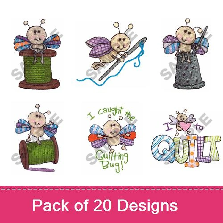 Quilting Bug Embroidery Designs Bundle – Quilting Bug with Spool, Caught the Quilting Bug, & More (20 Designs)