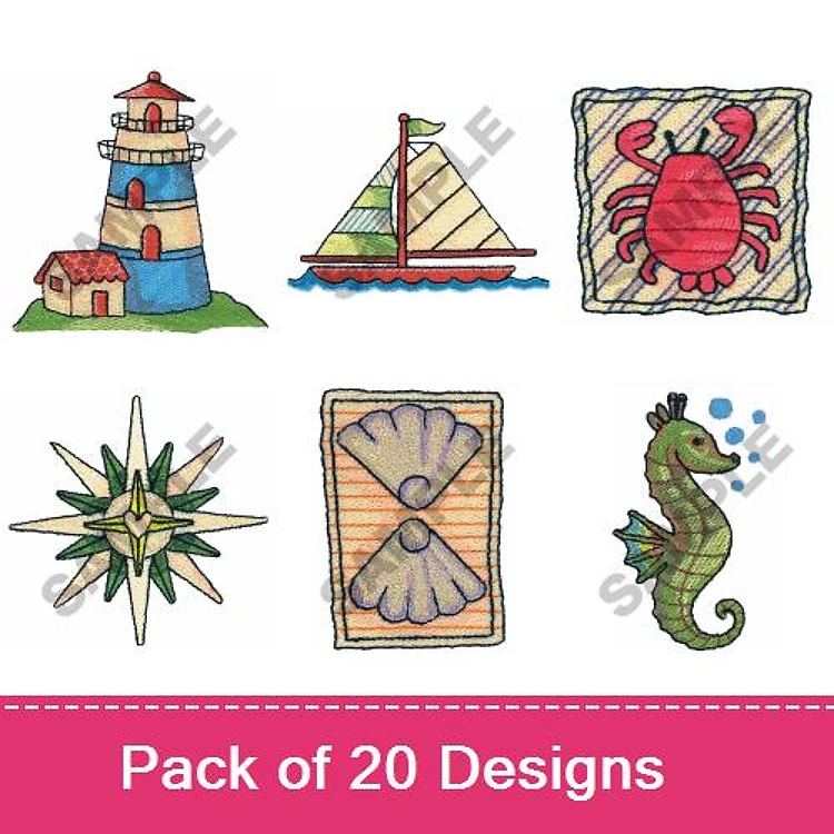 Nautical and Beach Embroidery Designs Bundle – Lighthouse, Sailboat, Crab & More (20 Designs)