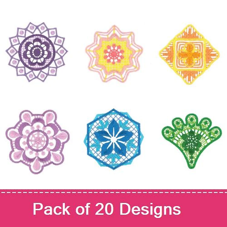 Colorful Decorative Motifs Embroidery Designs Bundle – Purple Mandala, Pink Flower Pattern, Yellow Geometric Shape & More (20 Designs)