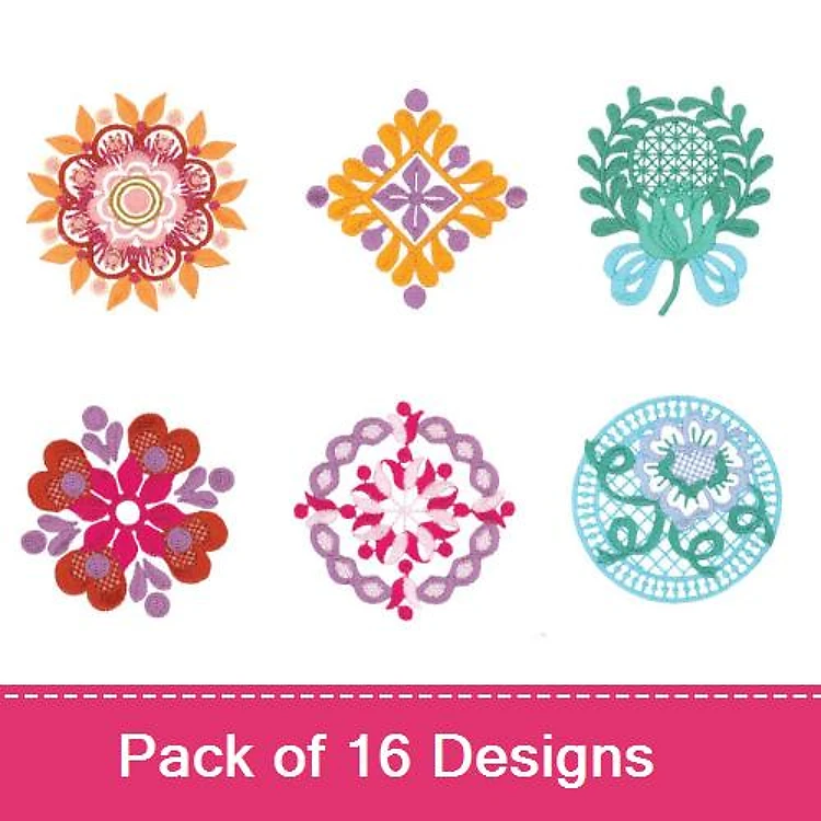 Floral Geometric Patterns Embroidery Designs Bundle – Floral Mandala 1, Floral Arrangement 1, Geometric Flower 1 & More (16 Designs)