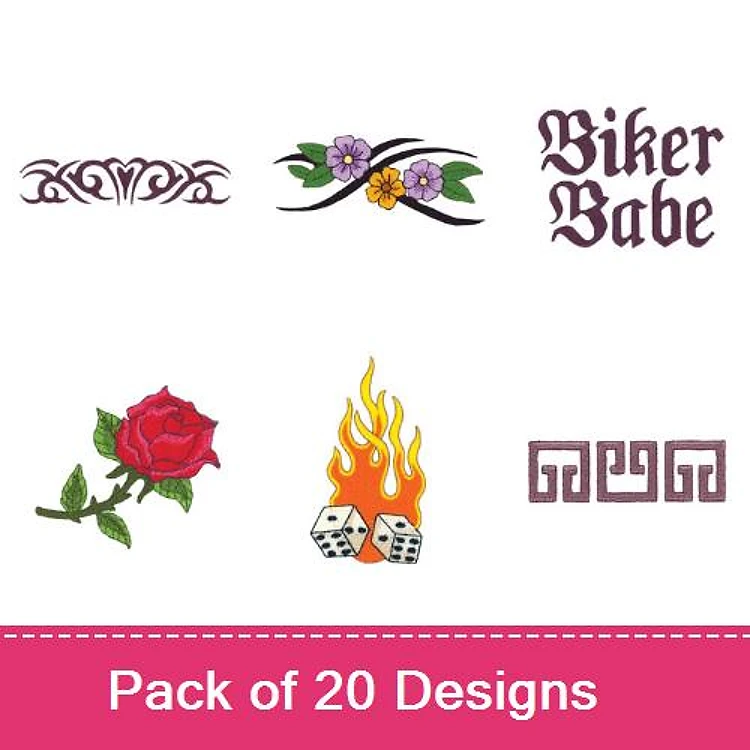 Biker-themed Embroidery Designs Bundle – Biker Babe Text, Flame with Dice, Rose & More (20 Designs)