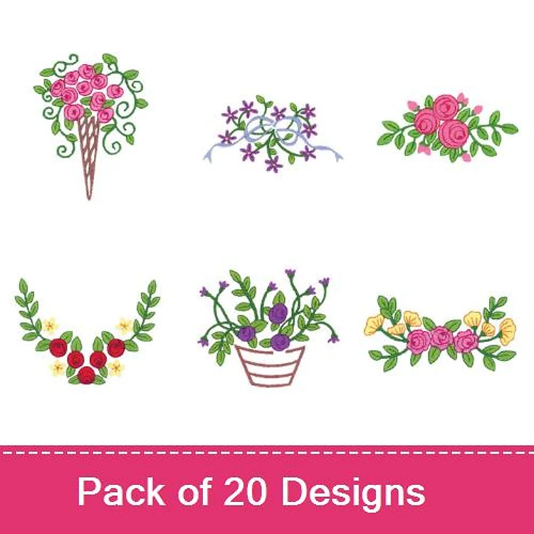 Floral Arrangements Embroidery Designs Bundle – Flower Bouquet in Cone, Violet Vine, Rose Cluster & More (20 Designs)