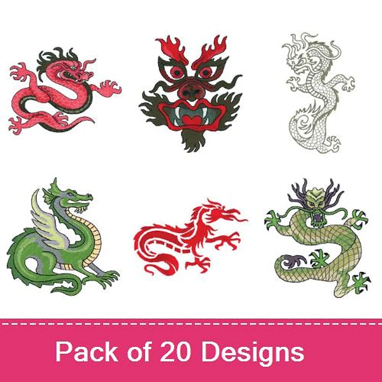 Dragon Fantasy Embroidery Designs Bundle – Red Asian Dragon, Green Chinese Dragon, Dragon Mask & More (20 Designs)