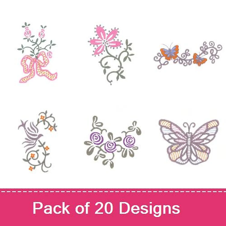 Floral and Butterfly Embroidery Designs Bundle – Floral Bow, Floral Arrangement with Butterfly, Swirling Floral Design & More (20 Designs)