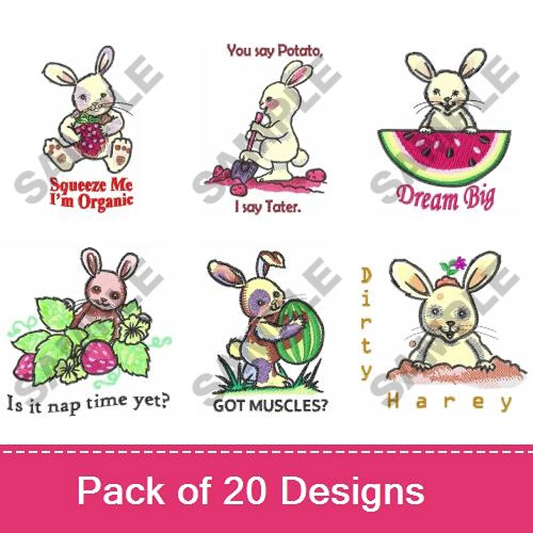 Bunny & Vegetable Embroidery Designs Bundle – Squeeze Me I'm Organic, Dream Big, Got Muscles? & More (20 Designs)