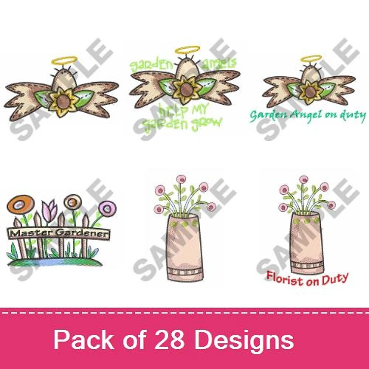 Garden Angel & Floral Embroidery Designs Bundle – Help My Garden Grow, Master Gardener, Florist on Duty & More (28 Designs)