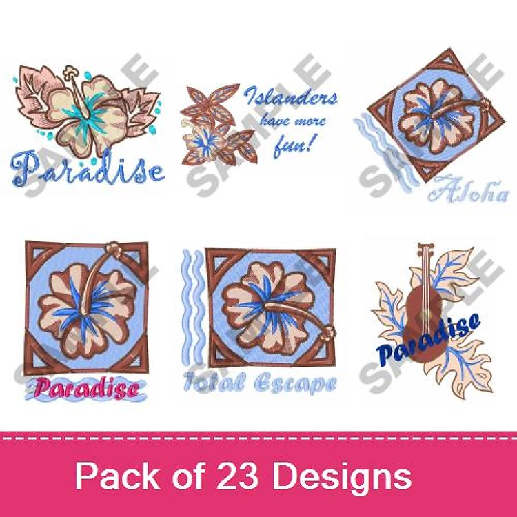 Hawaiian Themed Embroidery Designs Bundle – Hibiscus with Paradise, Aloha, Islander & More (23 Designs)