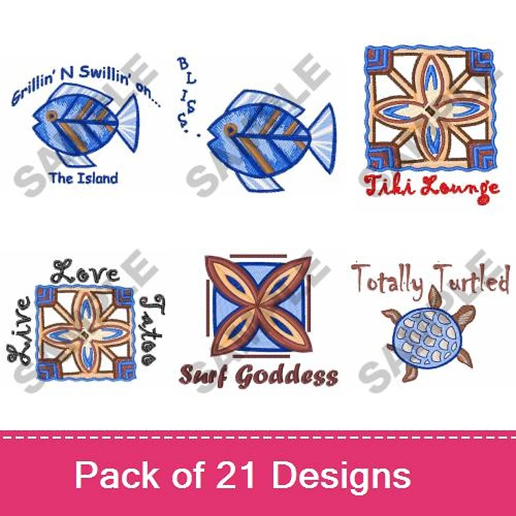 Tropical & Ocean Embroidery Designs Bundle – Grillin N Swillin, The Island, Surf Goddess & More (21 Designs)