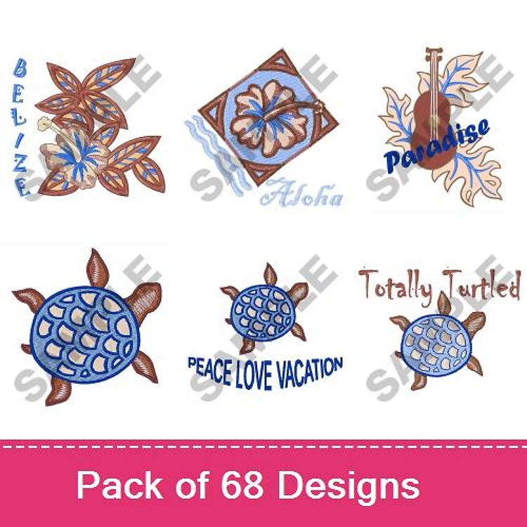 Tropical & Beach-themed Embroidery Designs Bundle – Belize, Aloha, Totally Turtled & More (68 Designs)