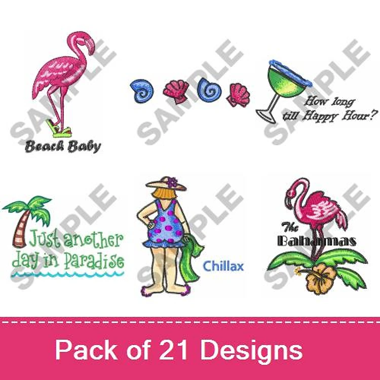 Beach & Vacation Embroidery Designs Bundle – Beach Baby, Chillax, Flamingo with Text & More (21 Designs)