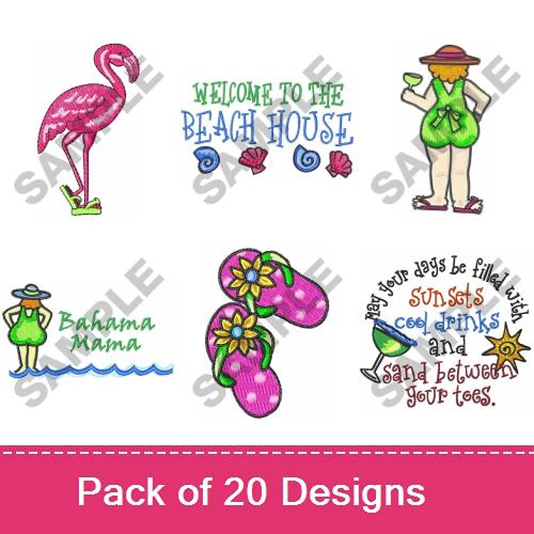 Beach Themed Embroidery Designs Bundle – Flamingo, Beach House Welcome, Bahama Mama & More (20 Designs)
