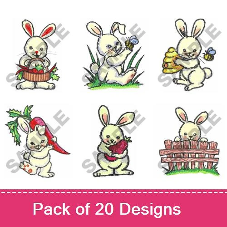 Bunnies with Seasonal Themes Embroidery Designs Bundle – Bunny with Basket, Bunny with Flowers, Bunny with Pumpkin & More (20 Designs)