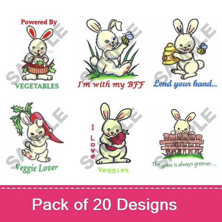 Cute Bunny Garden Embroidery Bundle – Powered By Vegetables, I'm with my BFF, Veggie Lover & More (20 Designs)