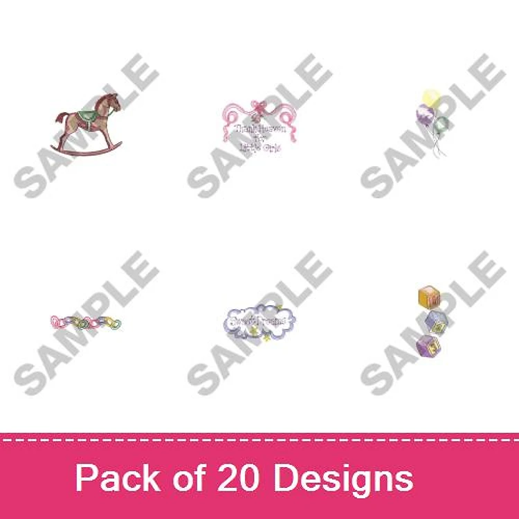 Baby-Themed Embroidery Designs Bundle – Rocking Horse, Baby Bottle, Toy Blocks & More (20 Designs)