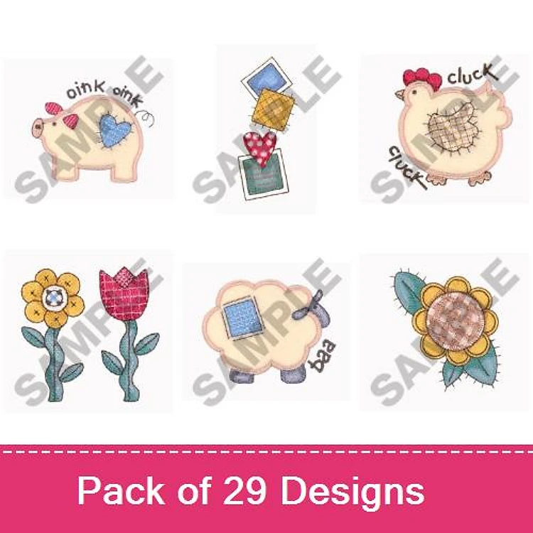 Farm Animal & Floral Embroidery Designs Bundle – Pig with Patch, Chicken with Quilt, Sunflower & More (29 Designs)