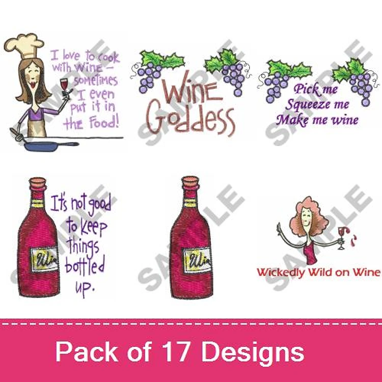 Wine and Cooking Humor Embroidery Designs Bundle – Wine Goddess, Wicked Wild on Wine, & More (17 Designs)