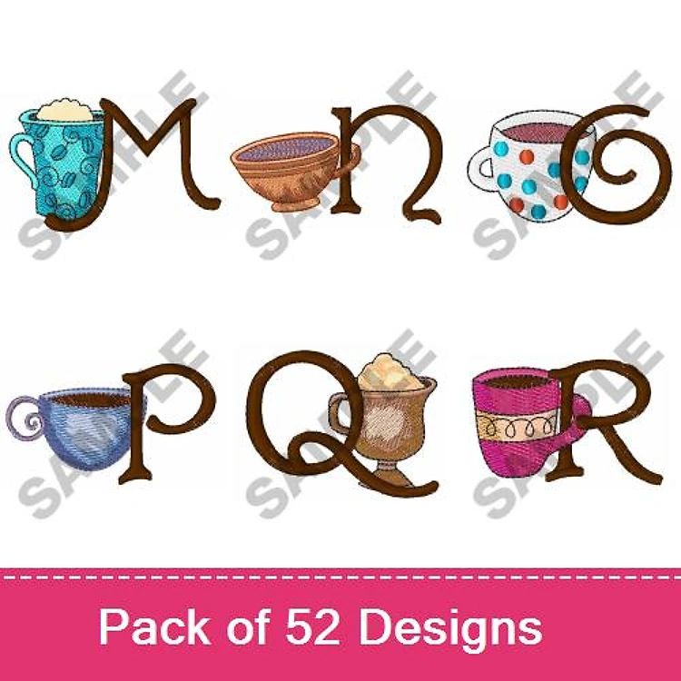 Cup-themed Alphabet Letters Embroidery Designs Bundle – M Letter with Cup, N Letter with Cup, O Letter with Cup & More (52 Designs)