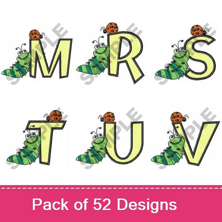 Alphabet with Caterpillars Embroidery Designs Bundle – M, R, S, T, U, V Letters & More (52 Designs)